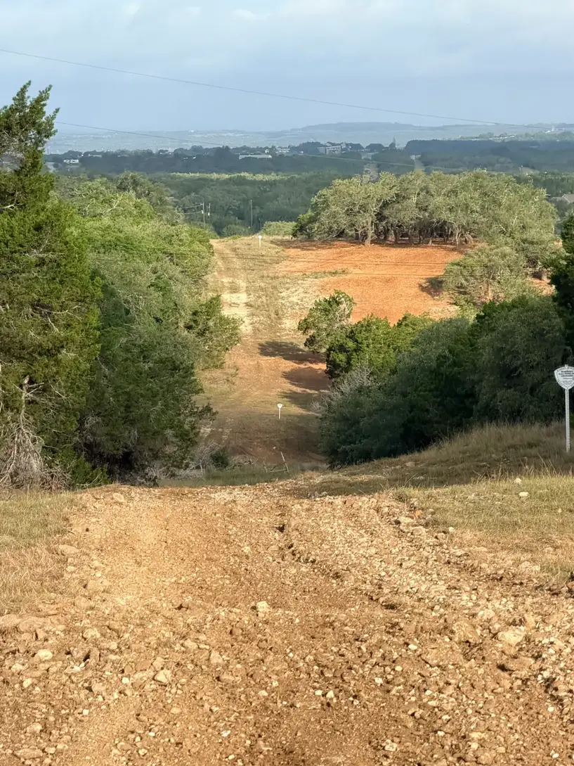 Mulched lane running down a brushy hillside
